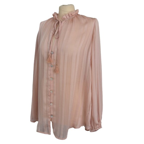 Show Me Your Mumu Oversized Sheer Blush Pink Ruffle Blouse XS Romantic Coquette - Picture 2 of 8